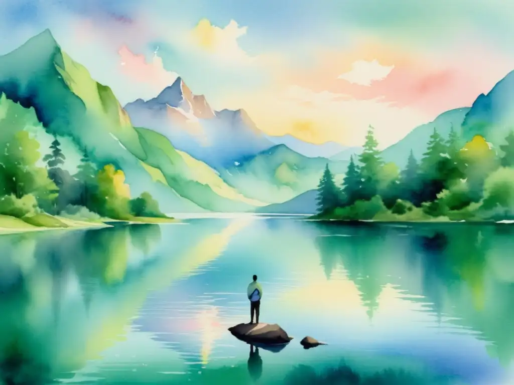 Reflexiones al atardecer en el lago de montaña Imagen de retiro espiritual en la naturaleza: figura solitaria junto al lago, rodeada de montañas, reflejos pastel en el agua