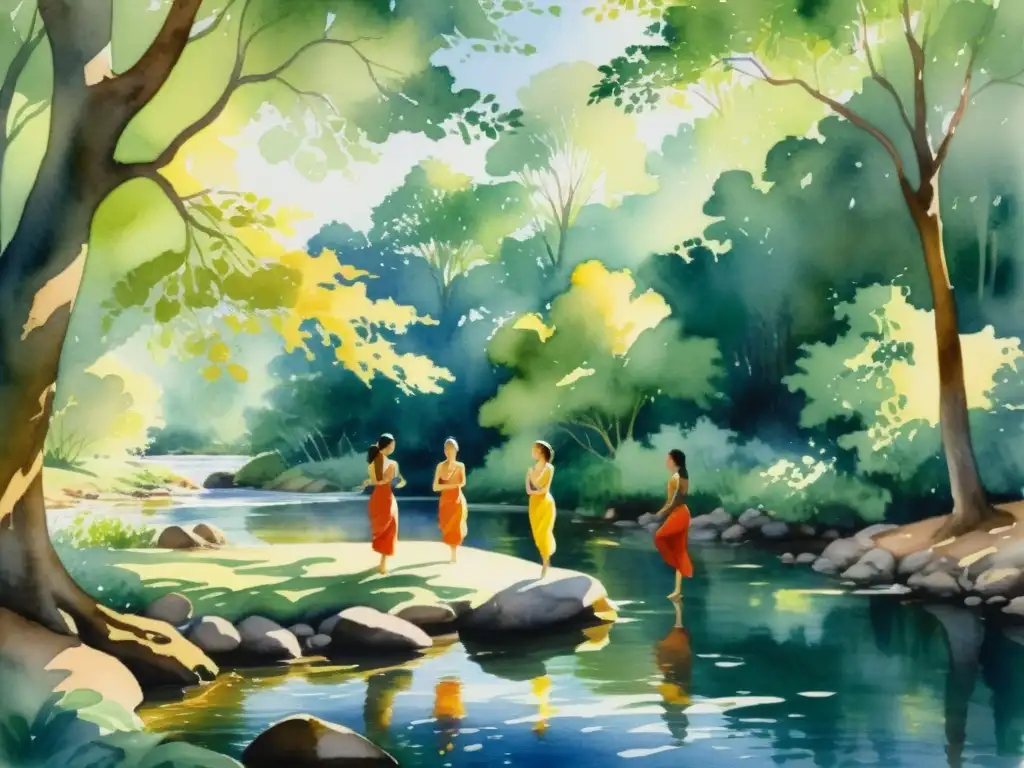 Baile meditativo en acuarela: conexión espiritual en la naturaleza Imagen de retiros espirituales con danza, movimiento fluido y atmósfera serena en acuarela