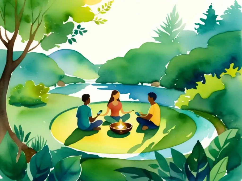 Armonía espiritual: círculo de meditación en la naturaleza Imagen serena de personas en círculo entre naturaleza, con terapias de sonido para retiros espirituales