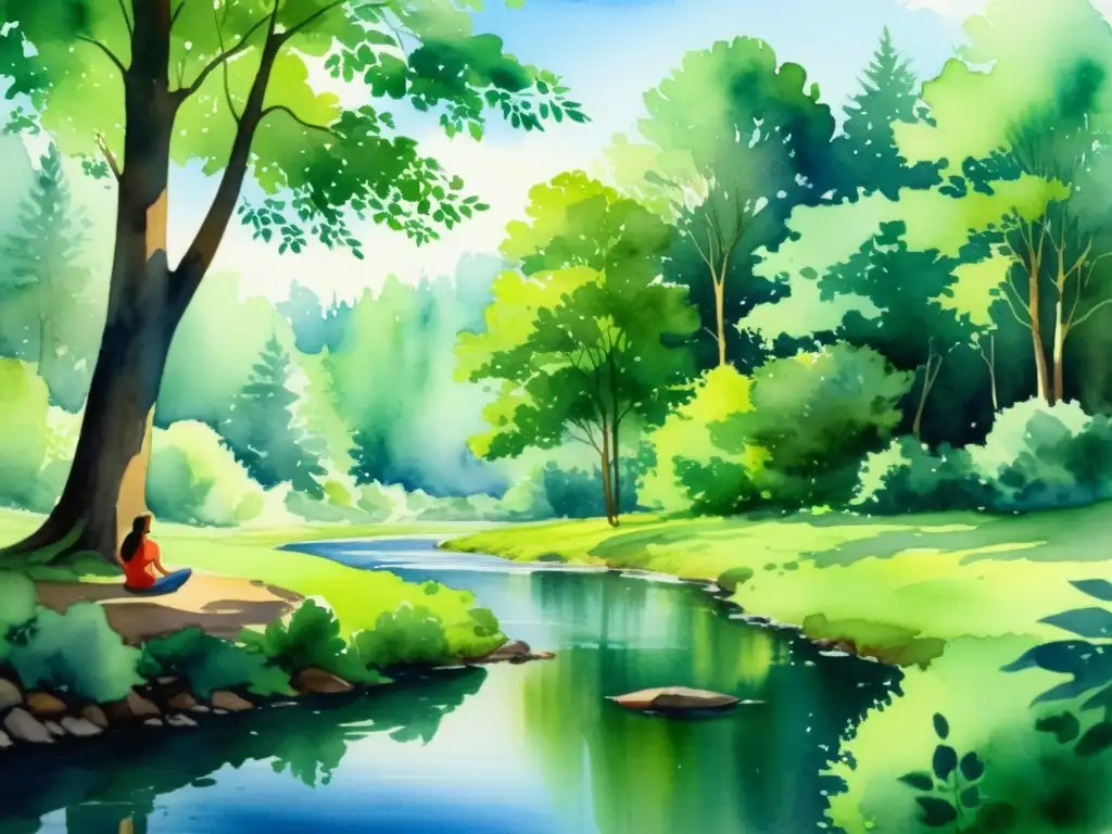 Bosque sereno: pintura acuarela de paz y meditación en la naturaleza Imagen de una tranquila pintura acuarela de un claro bosque con un arroyo, rodeado de naturaleza, para técnicas rápidas meditación antiestrés