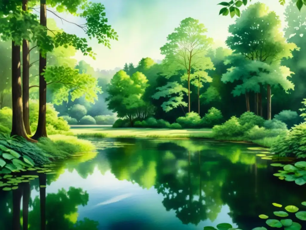 Bosque sereno: Acuarela de naturaleza exuberante y estanque tranquilo Imagen de un tranquilo bosque verde con un sereno estanque, ideal para retiros de silencio para emprendedores