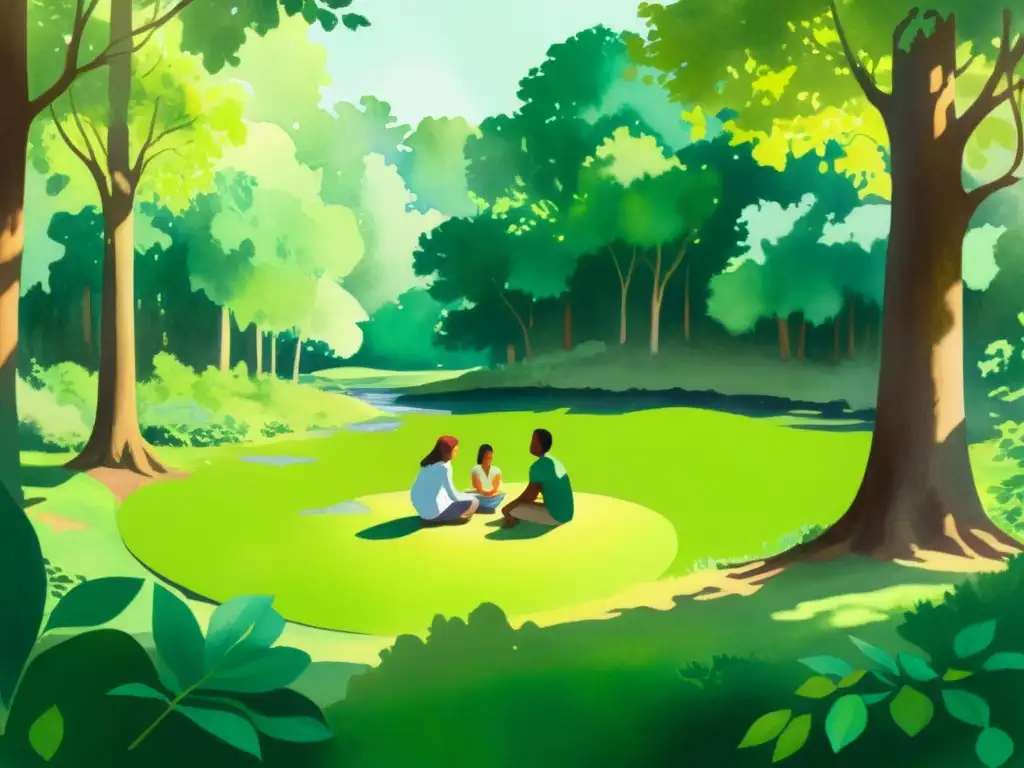 Círculo de reflexión en el bosque: encuentro espiritual Imagen de un tranquilo claro en el bosque, donde un grupo diverso tiene una profunda conversación