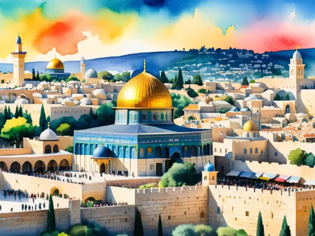 Jerusalén dorada: ilustración acuarela de la ciudad antigua Un impresionante ilustración de acuarela de la antigua ciudad de Jerusalén, con el icónico Domo de la Roca brillando bajo el sol, mercados bulliciosos, edificios coloridos y personas viviendo sus vidas