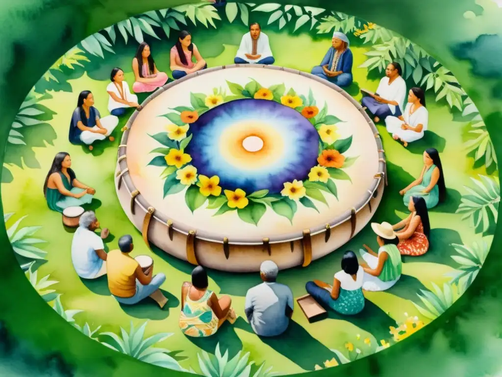 Drum Circle: Pintura acuarela 8K de curación espiritual Un impresionante cuadro acuarela en 8k de un círculo chamánico, rodeado de exuberante naturaleza y flores vibrantes