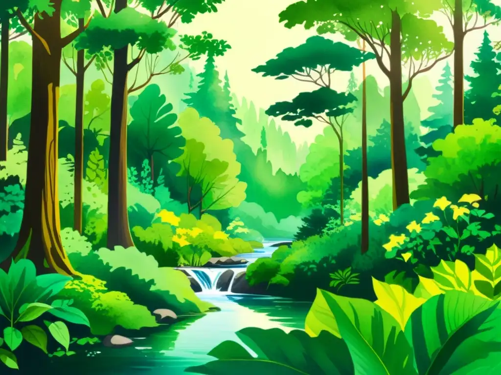 Bosque exuberante: acuarela vibrante que invita a la serenidad Una ilustración acuarela impresionante de un exuberante bosque repleto de vida con árboles majestuosos, plantas indígenas y un arroyo sereno