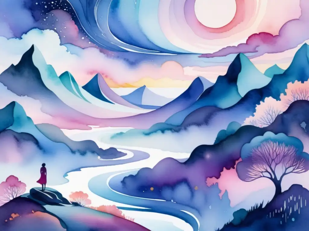 Acuarela surrealista: paisaje etéreo en tonos vibrantes Una ilustración acuarela impresionante de un paisaje sereno y etéreo con tonos vibrantes de púrpuras, azules y rosas