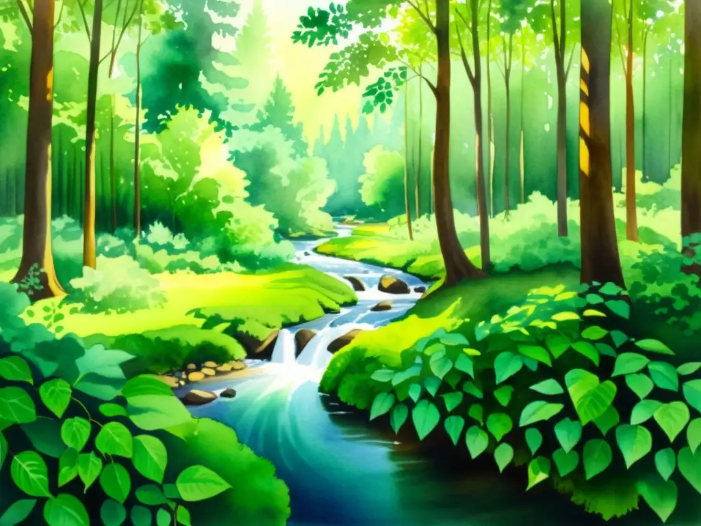 Bosque sereno en acuarela: armonía natural y tranquilidad Inspirador paisaje de bosque en acuarela, con luz filtrándose entre las hojas y un arroyo serpenteante