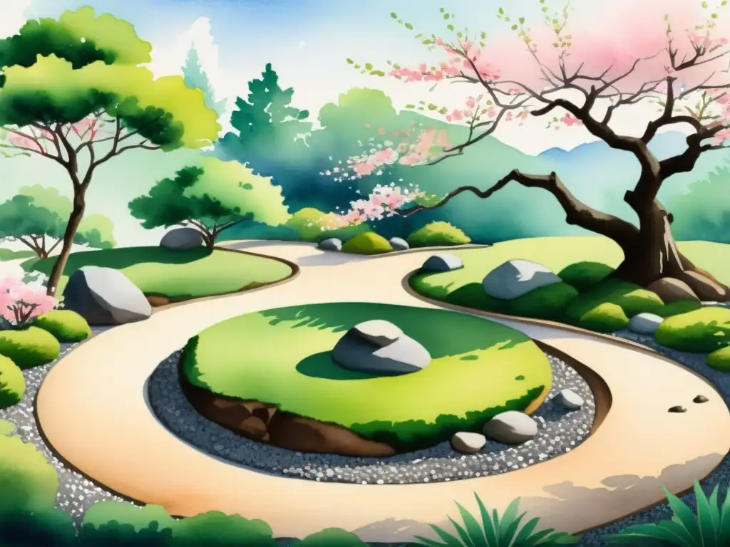Jardín Zen japonés: armonía y tranquilidad Un jardín Zen japonés con árboles de cerezo en flor y tranquilidad