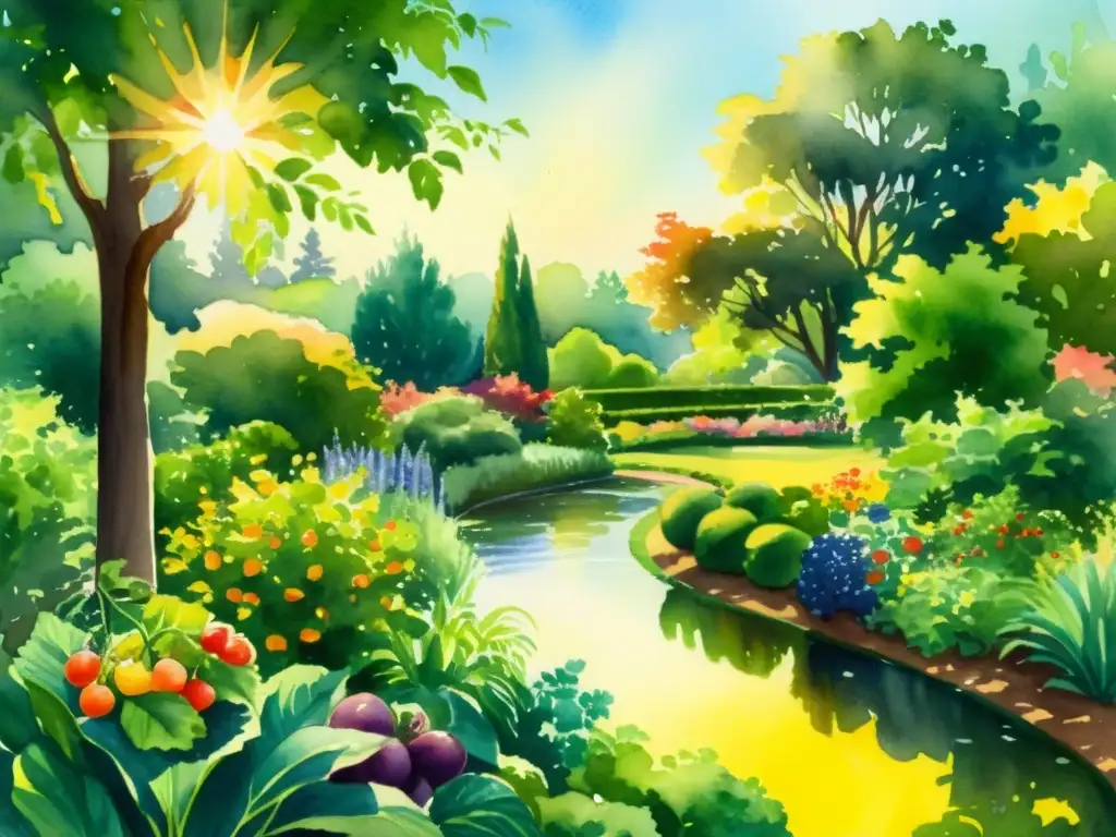 Jardín exuberante: acuarela de frutas y verduras Un jardín exuberante rebosante de frutas y verduras, iluminado por el cálido sol