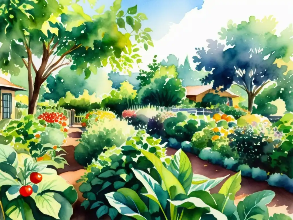 Jardín vibrante de frutas y verduras: acuarela serena Un jardín sereno y vibrante rebosante de frutas, verduras y hierbas