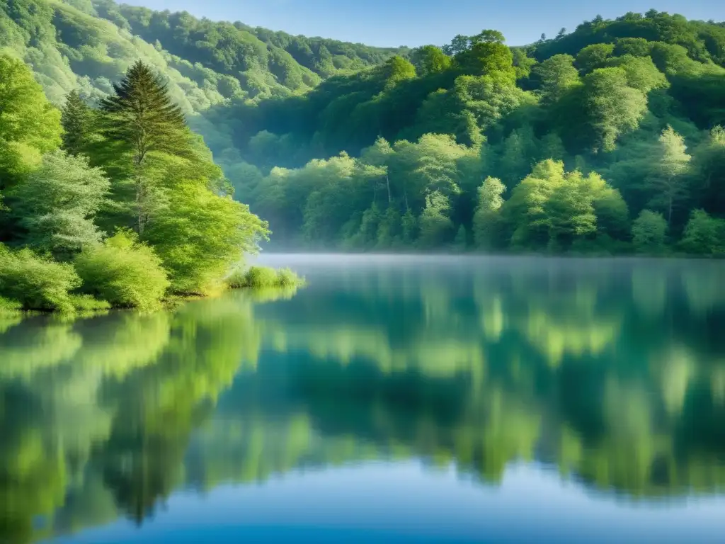 Tranquilo lago en bosque verde: escena serena Un lago tranquilo en un bosque exuberante con un ambiente sereno y místico