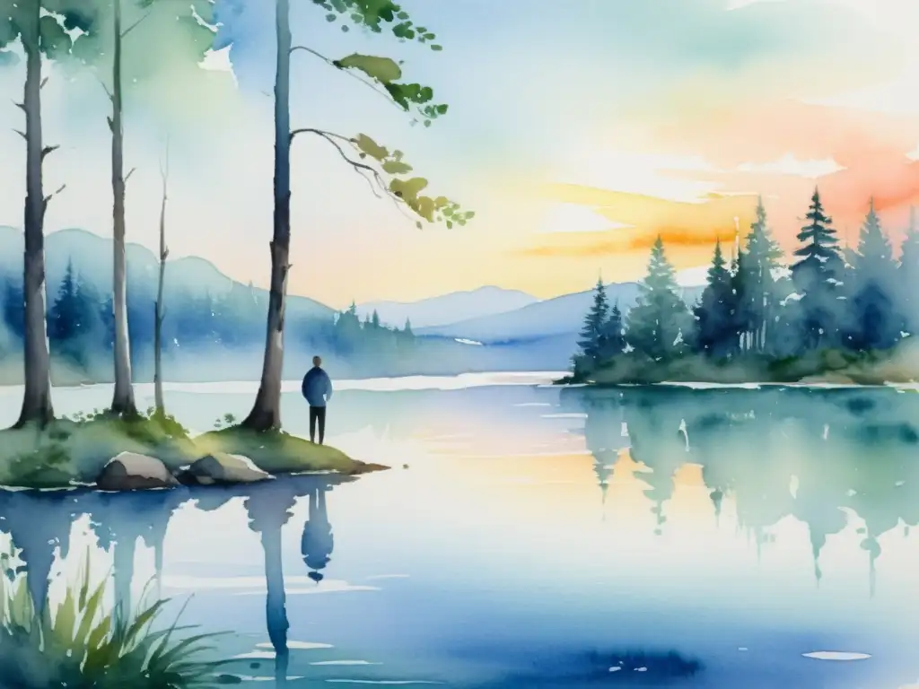 Líder sereno en la orilla: pintura acuarela Un líder sereno contempla un lago tranquilo al atardecer, rodeado de árboles altos