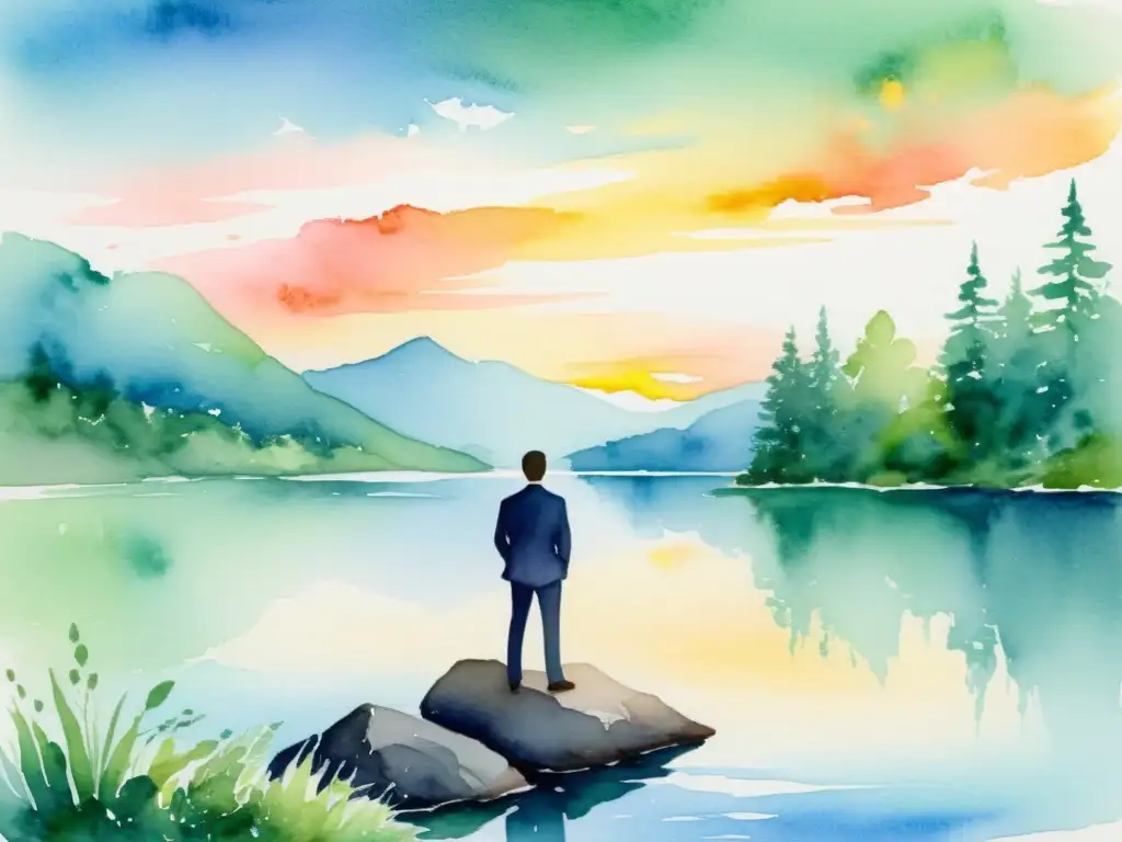 Líder en silencio: pintura acuarela serena Un líder en silencio, en un tranquilo lago rodeado de árboles verdes, bajo un suave atardecer