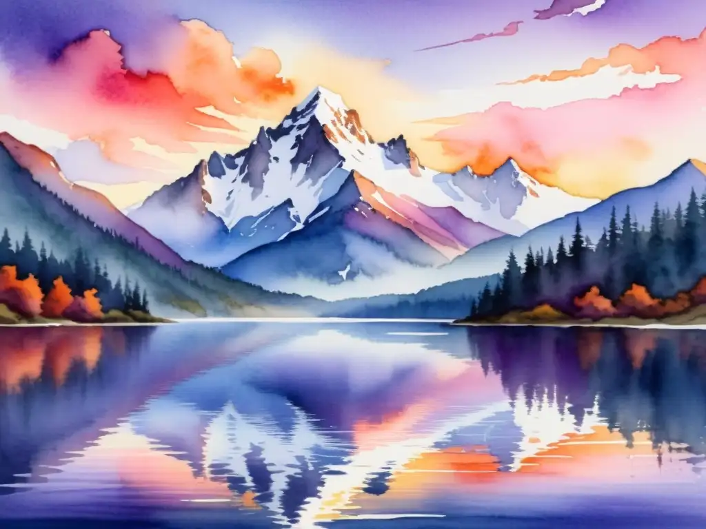 Montaña nevada al atardecer: serenidad y contemplación Una majestuosa montaña nevada se yergue contra un cielo de atardecer vibrante, reflejando su calma en un lago