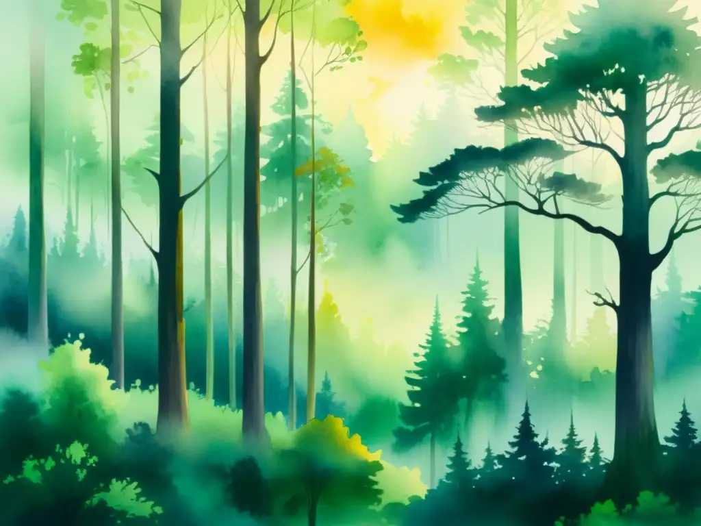 El Bosque Sereno: Pintura Acuarela Una majestuosa pintura acuarela muestra un bosque sereno bañado en luz dorada al atardecer, creando una atmósfera de misterio y tranquilidad