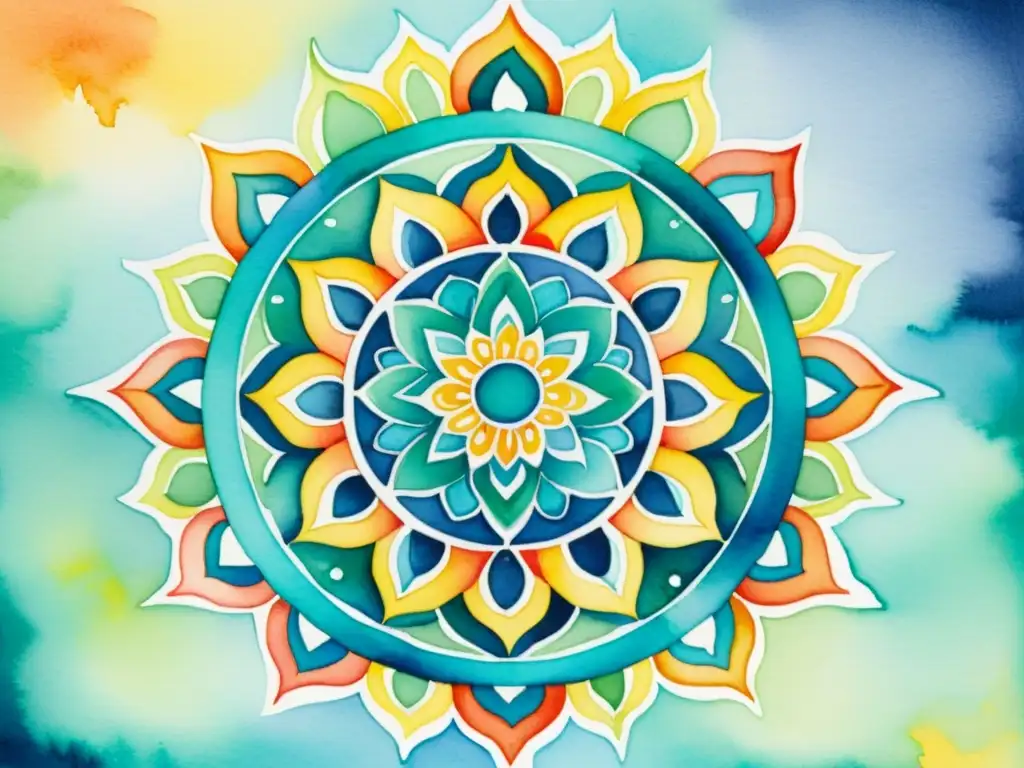 Mandala acuarela: paz y conexión espiritual Un mandala espiritual en acuarela con colores vibrantes y relajantes