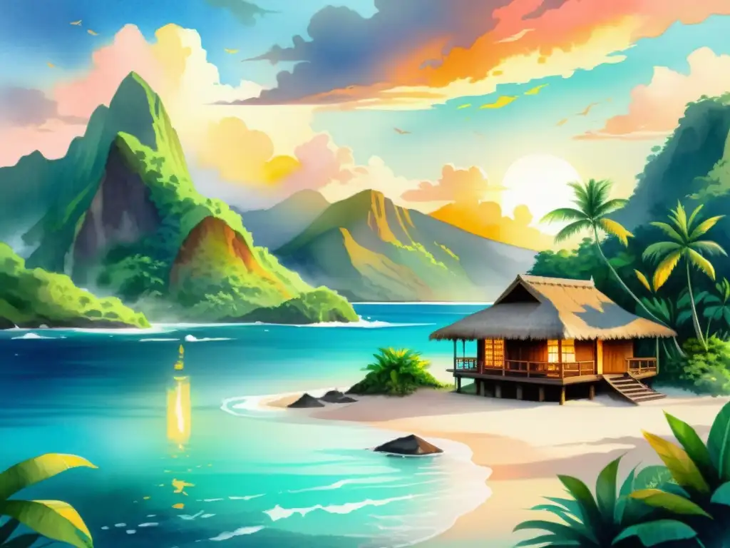 Retiro espiritual en Polinesia: pintura acuarela Maravilloso paisaje polinesio con chamanes, retiros espirituales Polinesia chamanismo