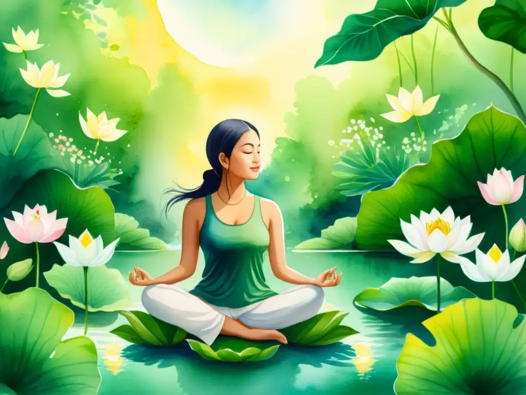 Serena meditación entre lotos en jardín Un meditador en un jardín exuberante, rodeado de flores de loto y arroyos, integrando mantras en su práctica espiritual con paz y conexión interior