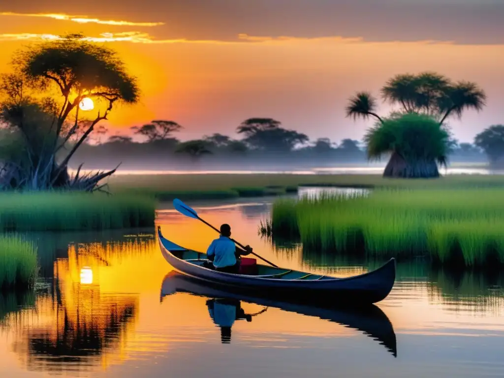 Meditación en el Delta del Okavango al Amanecer Un mokoro solitario navega en silencio en el Delta del Okavango al amanecer, rodeado de un paisaje sereno y exuberante