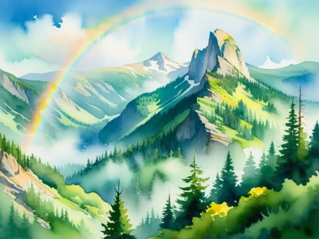 Pico montañoso sereno rodeado de niebla y árboles vibrantes Una montaña serena envuelta en neblina con árboles verdes y un arco iris sutil en el cielo