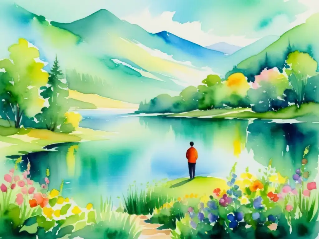 Retrato acuarela: meditación junto al lago Mujer en retiro espiritual junto al lago, inmersa en música, rodeada de naturaleza exuberante y flores vibrantes