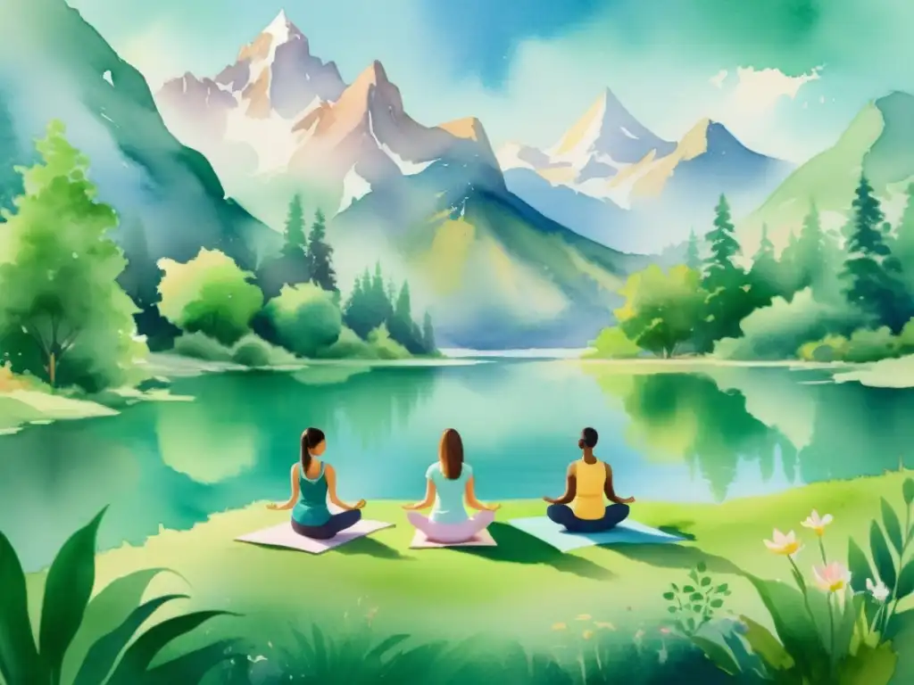 Retiro de yoga para principiantes: paz y serenidad en la naturaleza Un oasis de paz y serenidad en un retiro espiritual de yoga para principiantes, con un lago, montañas y práctica de yoga en la orilla