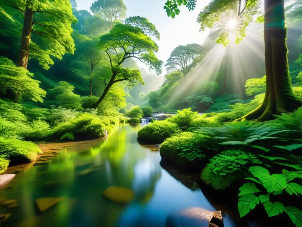Bosque sereno: luz y armonía en la naturaleza Un oasis de serenidad en el bosque, con un arroyo cristalino y árboles imponentes