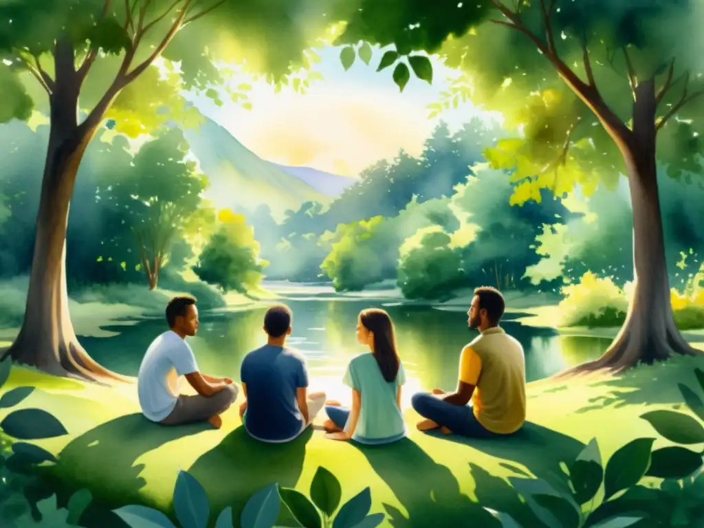 Retiro espiritual en la naturaleza: meditación en círculo Obra de acuarela serena de personas en círculo en la naturaleza, evocando retiros espirituales y técnicas de liderazgo