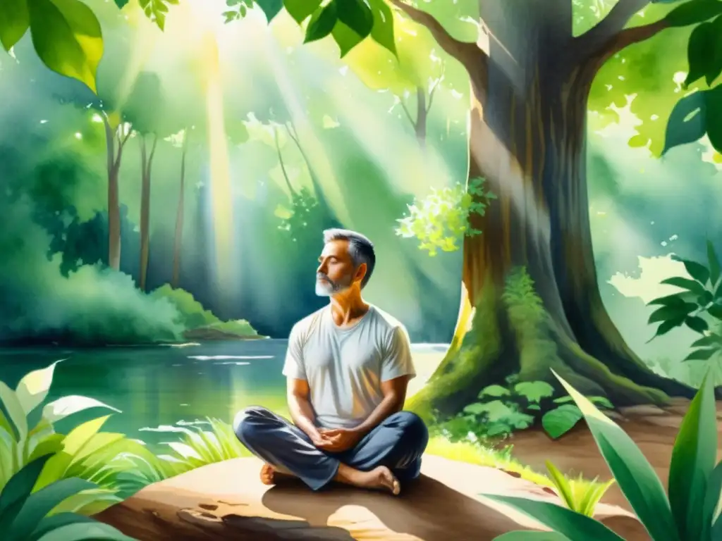 Líder en meditación: serenidad y conexión con la naturaleza Obra de acuarela serena: líder en meditación, rodeado de naturaleza, irradia calma y presencia enfocada