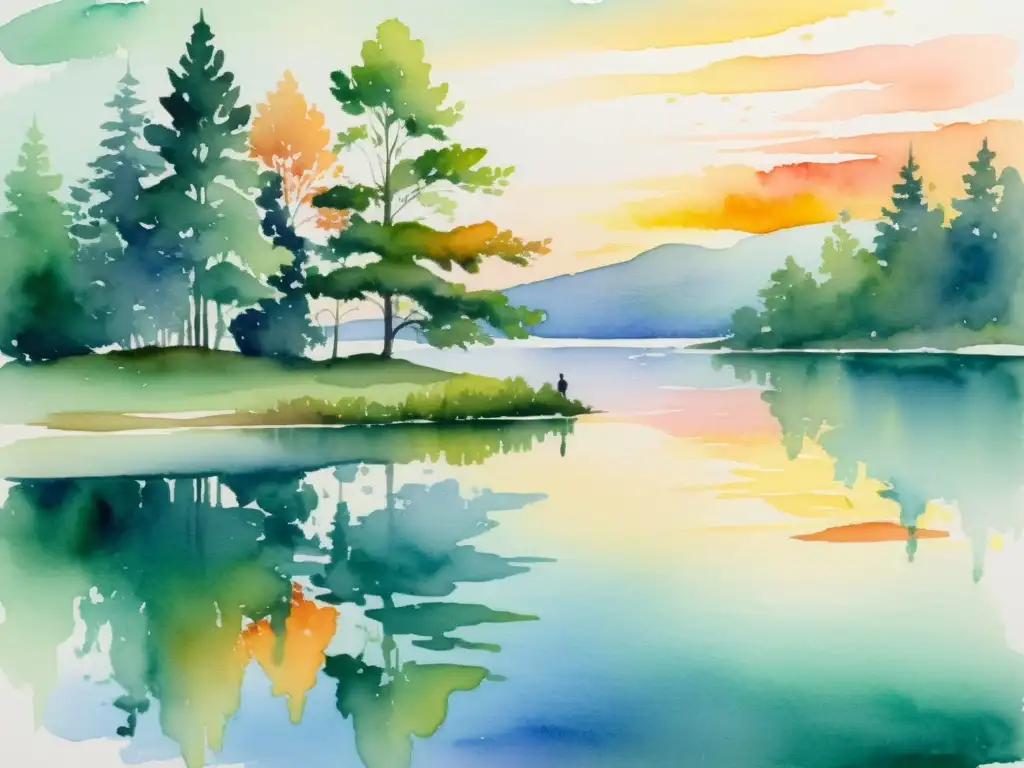 Pintura acuarela: Figura solitaria junto al lago al atardecer Obra de acuarela: figura solitaria reflexiva en lago tranquilo, rodeada de naturaleza exuberante y atardecer colorido