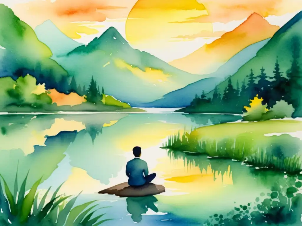 Retrato sereno de líder en contemplación junto a lago al atardecer Obra de arte en acuarela de un líder en contemplación en un paisaje verde sereno, reflejando los beneficios del silencio en liderazgo