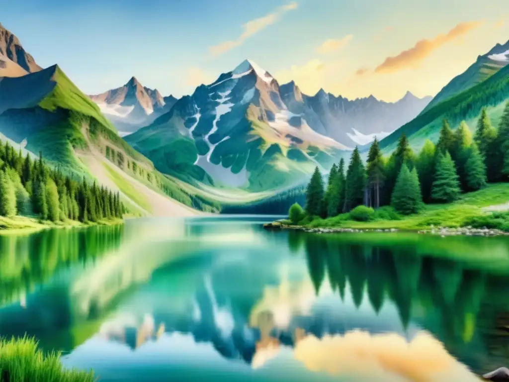 Paisaje sereno de montaña y lago en acuarela 8k Obra de arte en acuarela 8k de un sereno paisaje montañoso con lago, ideal para retiros espirituales y técnicas de manifestación
