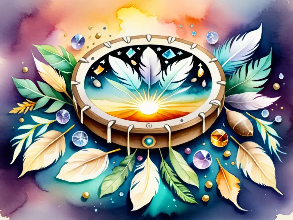 Pintura acuarela de tambor chamánico y cristales Obra de arte en acuarela de un tambor chamánico rodeado de cristales, plumas y hierbas aromáticas, emitiendo una suave luz