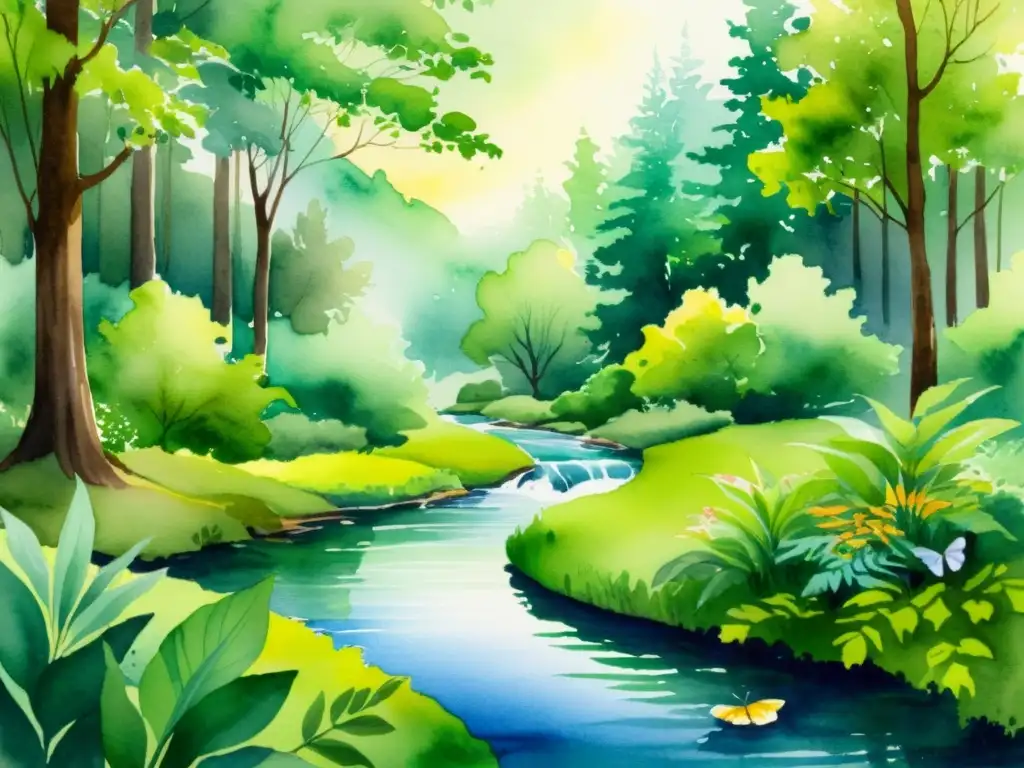 Pintura acuarela del bosque: tranquilidad y belleza natural Obra de arte terapéutica de un sereno bosque en acuarela, con exuberante vegetación, un arroyo y luz suave entre los árboles