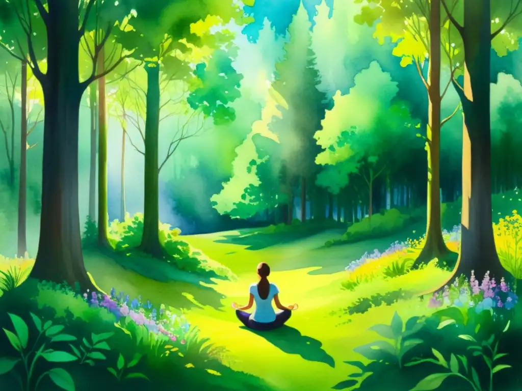 Serena meditación en el bosque: acuarela etérea Obra etérea de acuarela: un claro boscoso con luz solar filtrándose entre el dosel verde, sombras moteadas en el suave musgo