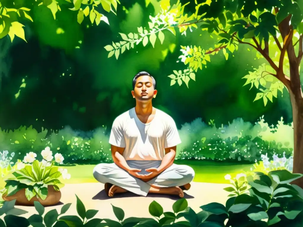 Meditación entre naturaleza: serenidad en acuarela Obra tranquila de meditación en la naturaleza, invitando a integrar retiros espirituales en la vida diaria