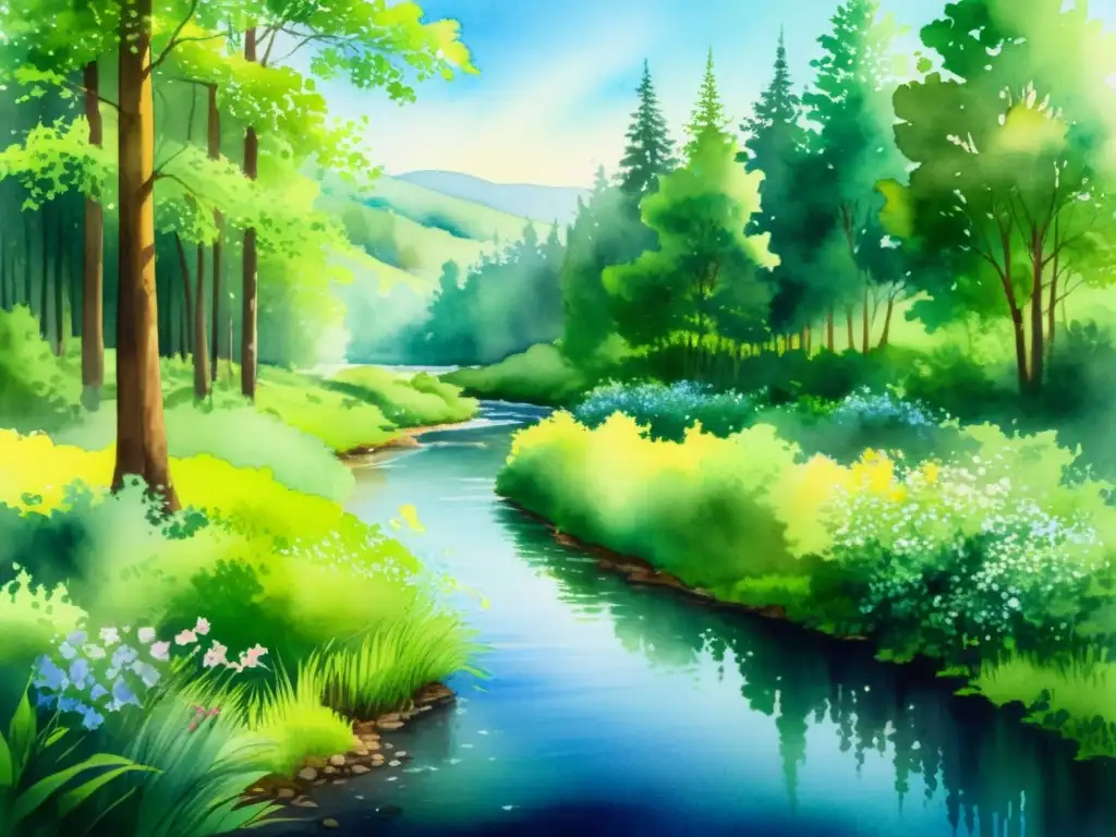 Bosque sereno: acuarela de un claro tranquilo Un pacífico paisaje de bosque en acuarela, con un arroyo serpenteante y una exuberante vegetación