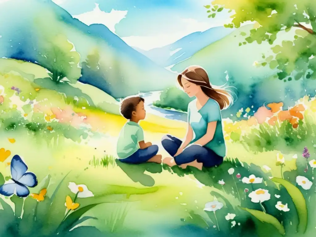 Padre e hijo en armonía: ilustración acuarela Padre e hijo practican mindfulness en la naturaleza, rodeados de flores y mariposas