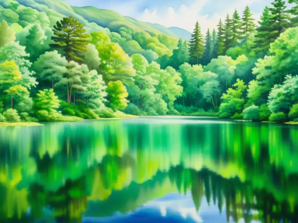 Armonía deportiva: meditación en el bosque sereno Un paisaje acuarela de un sereno bosque con un lago reflexivo