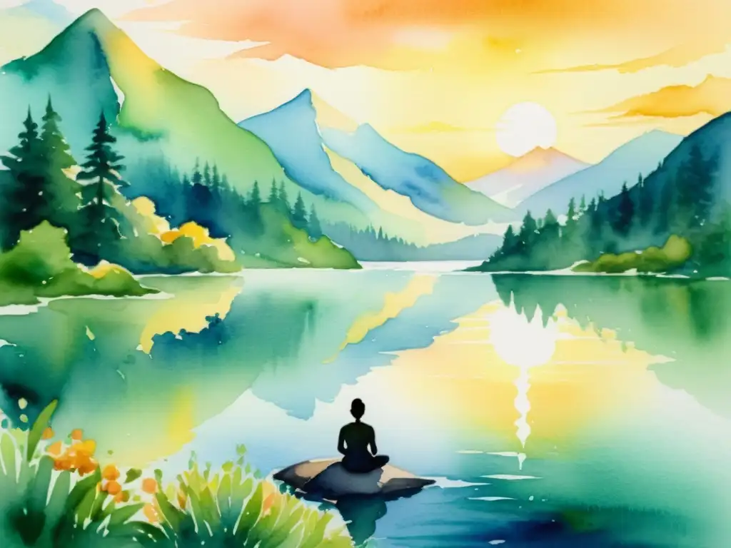 Paisaje sereno: meditación junto al lago al atardecer Un paisaje acuarela sereno con un lago tranquilo entre montañas verdes