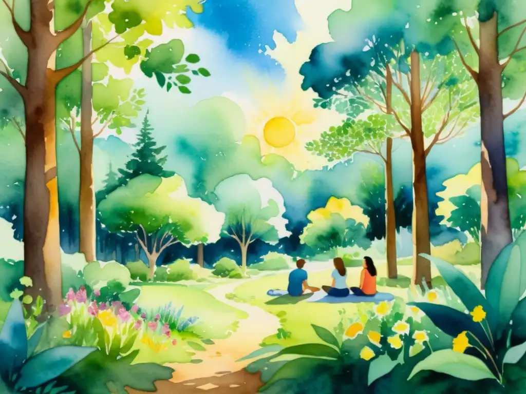 Arte terapia en el bosque: creación y calma en la naturaleza Un paisaje de bosque en acuarela detallado en 8k con un grupo en actividades de arteterapia en un retiro espiritual