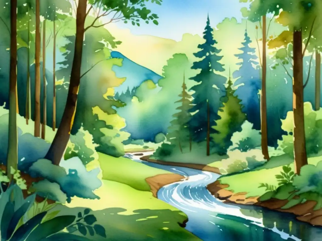 Serena belleza natural: bosque tranquilo en acuarela Un paisaje de bosque sereno en acuarela con un arroyo serpenteante y una atmósfera de paz