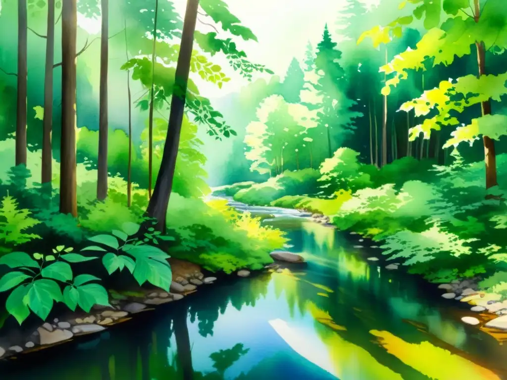 Bosque sereno: acuarela etérea de un arroyo tranquilo Un paisaje de bosque sereno y etéreo, con un arroyo tranquilo y colores vibrantes
