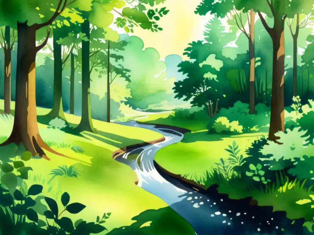 Bosque sereno: ilustración detallada y vibrante en acuarela Un paisaje de bosque sereno con luz solar filtrándose entre los árboles, reflejando en un arroyo y con animales ocultos