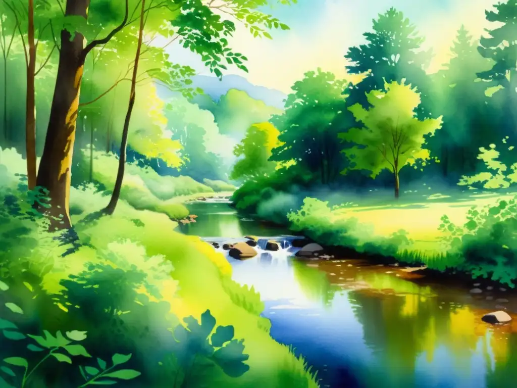 Bosque tranquilo: acuarela de un rincón sereno Un paisaje de bosque tranquilo y sereno con luz dorada filtrándose a través del dosel verde