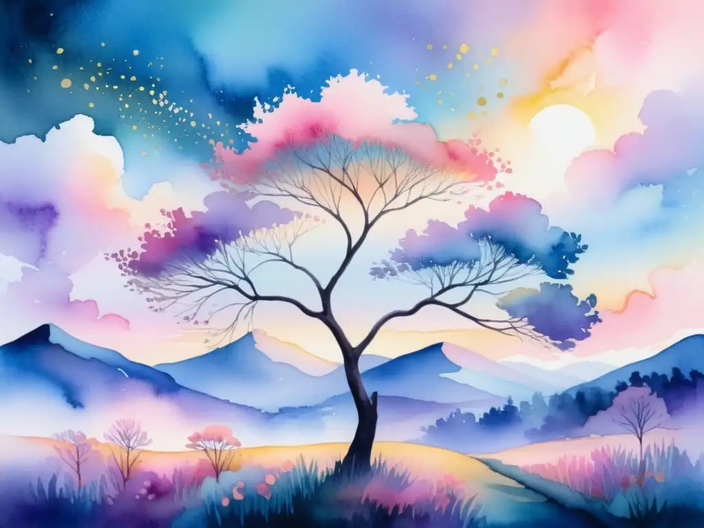 Arte acuarela: árbol floreciente en paisaje etéreo Un paisaje etéreo y sereno que parece sacado de la vida después de la muerte cuántica