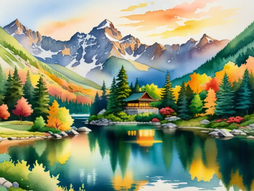 Pintura acuarela de un tranquilo retiro en la montaña Un paisaje de montaña con un lago, un templo y un atardecer dorado