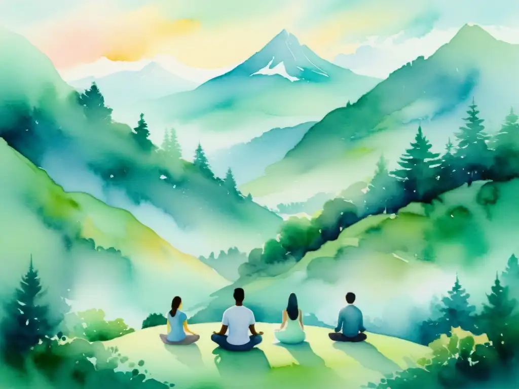 Meditación en la montaña: paisaje etéreo de serenidad Un paisaje montañoso nebuloso con personas meditando y practicando técnicas de manifestación en retiros espirituales