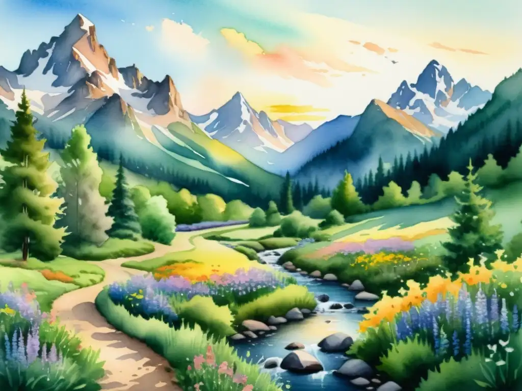 Pintura acuarela 8k: serena montaña y refugio entre árboles y flores Un paisaje montañoso pintado con acuarelas detalladas en 8k, con un camino que lleva a un refugio entre árboles y flores silvestres