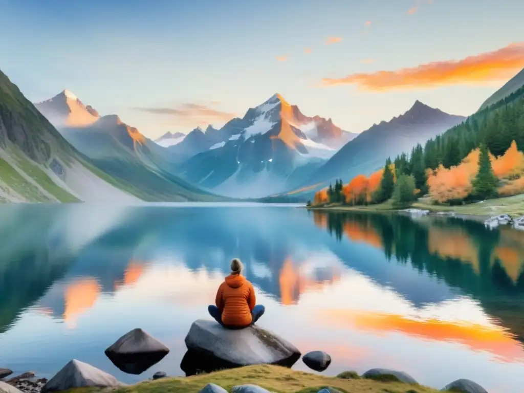 Serena meditación en paisaje alpino al atardecer Un paisaje montañoso sereno y pacífico con un lago azul reflejando picos nevados al atardecer
